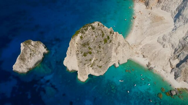 Aerial view of the Mizithres rock formation in Ionian sea. Keri, Zakynthos island in Greece
