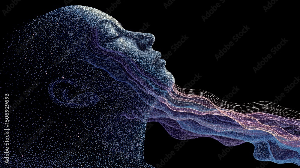 Poster ethereal figure with flowing lines against a dark background. brainwave sleep patterns.
