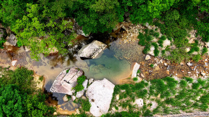 Aerial Drone Footage of a Clear Mountain Stream Flowing Through Mungyeong Countryside in Late Spring and Early Summer, Korea