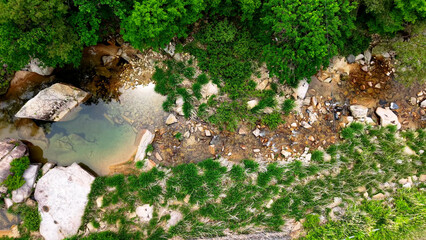 Aerial Drone Footage of a Clear Mountain Stream Flowing Through Mungyeong Countryside in Late Spring and Early Summer, Korea
