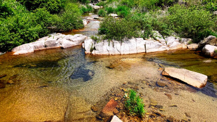 Aerial Drone Footage of a Clear Mountain Stream Flowing Through Mungyeong Countryside in Late Spring and Early Summer, Korea