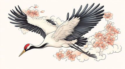 Naklejka premium Elegant crane bird in flight, showcasing intricate feathers and vibrant colors, surrounded by delicate cherry blossom flowers and soft clouds, representing grace and beauty in nature