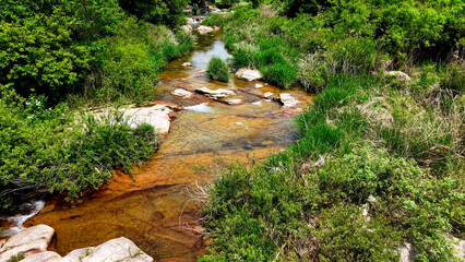 Aerial Drone Footage of a Clear Mountain Stream Flowing Through Mungyeong Countryside in Late Spring and Early Summer, Korea