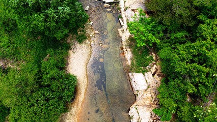 Aerial Drone Footage of a Clear Mountain Stream Flowing Through Mungyeong Countryside in Late Spring and Early Summer, Korea