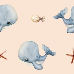 Cute whale sea fish and starfish. Adorable underwater world. Watercolor summer seamless pattern on peach pink background