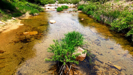 Aerial Drone Footage of a Clear Mountain Stream Flowing Through Mungyeong Countryside in Late Spring and Early Summer, Korea