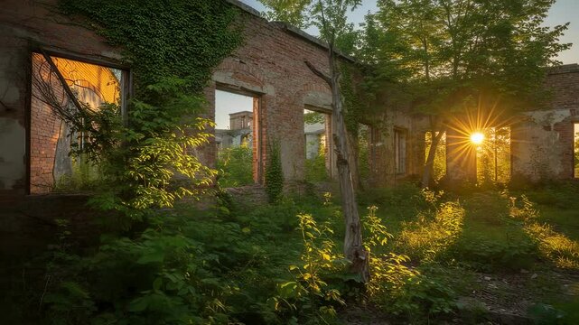Abandoned building reclaimed by nature at sunset. Overgrown ruins with sunlight streaming through windows. Ecological restoration and rewilding concept.