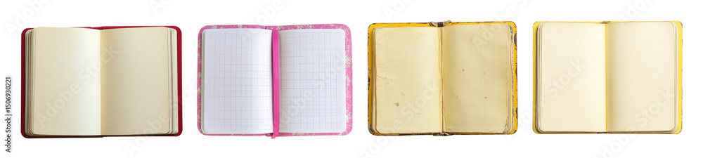 Poster png variety of open notebooks displayed, element set on transparent background
