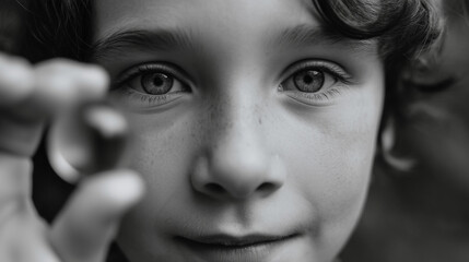 Fototapeta premium Black and white portrait of a boy showing glass sphere. 