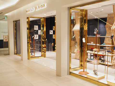 TOKYO, JAPAN - April 7, 2025: Front of a Manolo Blahnik store in Ginza Six shopping mall.