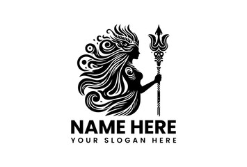 A striking vector logo silhouette of Goddess Durga with flowing hair and a trident