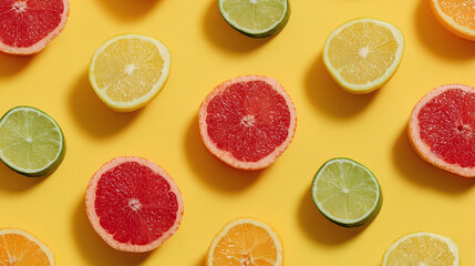 Colorful citrus slices on vibrant yellow background, overhead fruit pattern with grapefruit, lemon, lime and orange for fresh food concept or summer banner