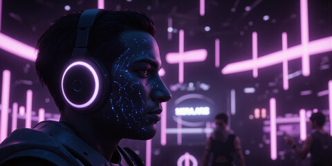 Neural Interface, headset with glowing brainwave patterns, purple data streams, isometric tech design