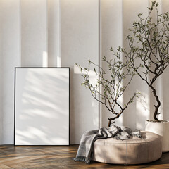 Frame mockup, ISO A paper size. Living room wall poster mockup. Interior mockup with house background. Modern interior design. 3D render
