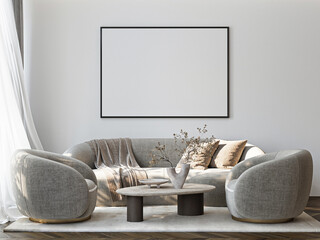 Fototapeta na wymiar Frame mockup, ISO A paper size. Living room wall poster mockup. Interior mockup with house background. Modern interior design. 3D render 
