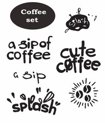 Coffee set of drawn vector doodles, coffee lettering, cafeteria, line art vector, favorite, stickers for coffee shop, get a break, stamp