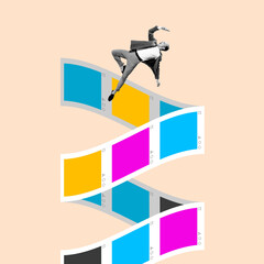 Man Falling Through Social Feed. Businessman falls through wavy stream of empty posts colored in colorful palette. Visual metaphor about content overload and identity blur. Surreal art collage