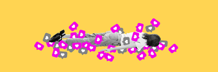 Like Overdose. Young woman lies exhausted on floor surrounded by floating like icons in pink and...