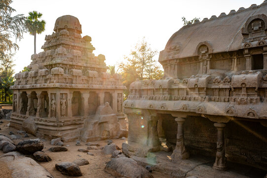 Ancient stone temples of the Five Rathas in Mamallapuram, Tamil Nadu, India at sunset
