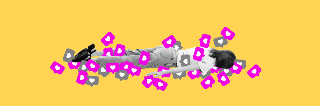 Like Overdose. Young woman lies exhausted on floor surrounded by floating like icons in pink and grey tones. Concept of social media, burnout, validation, addiction. Contemporary art collage - Powered by Adobe