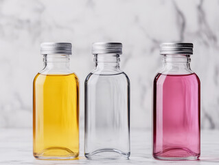 Assorted colorful juice bottles with vibrant liquids, showcasing yellow, clear, and pink hues, evoke freshness and vitality
