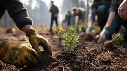 Hands planting young trees in the forest