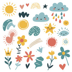 Hand drawn line elements. Doodle pen signs and effects. Simple sketch sparkle, star, glitter, icons, heart, floral objects. Decorative pencil curved symbols and shape. Vector set