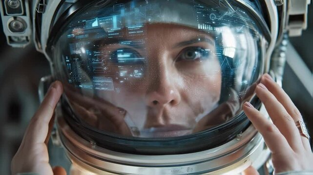 Close up portrait of a confident female astronaut adjusting her helmet, featuring a transparent visor displaying a futuristic heads up display - hud - interface with glowing digital data