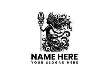 A striking vector logo silhouette of Goddess Durga with flowing hair and a trident