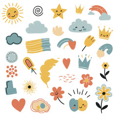 Hand drawn line elements. Doodle pen signs and effects. Simple sketch sparkle, star, glitter, icons, heart, floral objects. Decorative pencil curved symbols and shape. Vector set