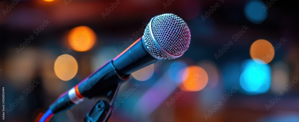 Poster the microphone poised for performance against a vibrant bokeh background.