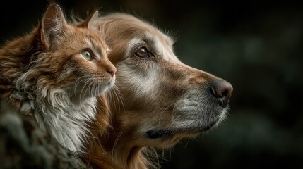 Close-up of a fluffy orange and white cat with striking green eyes and a golden-brown dog with soft brown eyes sharing a tender moment of calm companionship. The cat’s ears are perked up, while the do