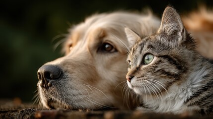 Golden-furred dog and tabby cat lying side by side in peaceful companionship, showcasing gentle expressions and soft coats against a blurred, dark natural outdoor background, highlighting their soulfu