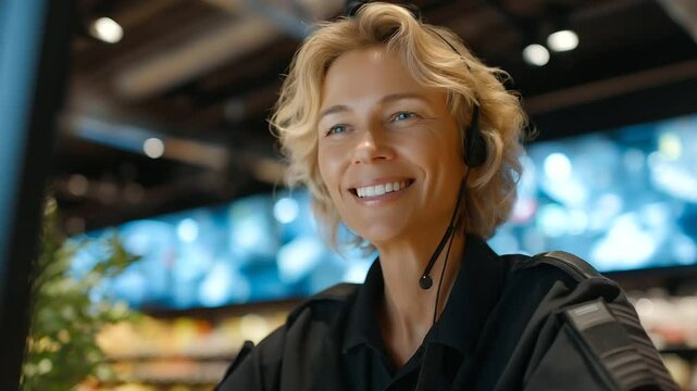 Supermarket Security: Guard Monitoring Shoplifter on Surveillance Screen