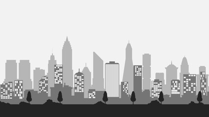 Cityscape of skyline building in the downtown. Scenery of the city landscape with apartment and skyscrapers architecture. Vector illustration of a scenic cloudscape over the city with office buildings