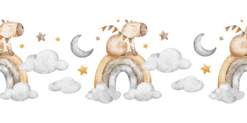 capybara, seamless, border, rainbow, crescent, moon, cloud, animal, star, character, watercolor, sleep, dream, print, cute, illustration, isolated, wallpaper, textile, fabric, repeat, backdrop, backgr