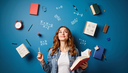 Woman surrounded by books and equations looks upward, on a blue educational backdrop