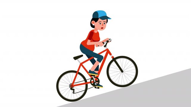 Woman Struggling to Ride Bicycle Uphill. Woman cyclist pushing hard while riding a bicycle uphill. Animation Scene with alpha channel.