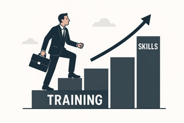 Professional development journey concept businessman climbing steps from training to skills. Career growth progress success advancement learning corporate education improvement