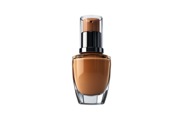 Classic foundation pump bottle with medium-dark tone, transparent glass, shiny black and silver details, isolated on a transparent background