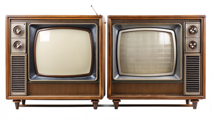 Two vintage TV sets with blank screens isolated -  on white background AI