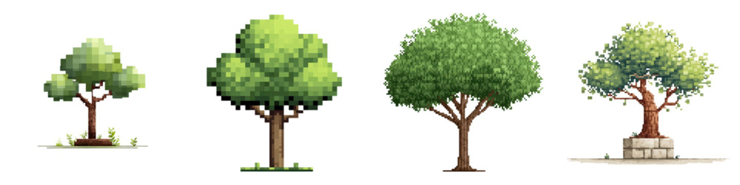 A collection of stylized pixel art trees showcasing different shapes sizes and levels of foliage density in a serene natural setting