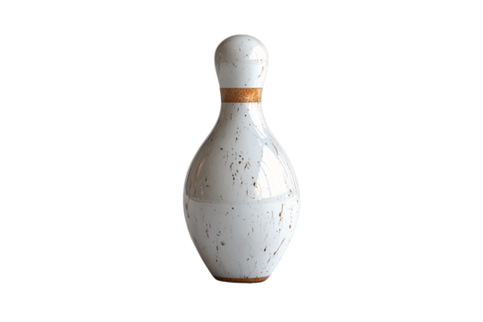 Distressed white ceramic bowling pin featuring rustic speckled glaze and natural wood accent band, isolated on a transparent background - Powered by Adobe