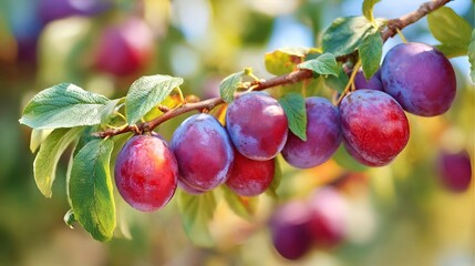 Harvest plums on a branch in a plum orchard on a bright sunny day.