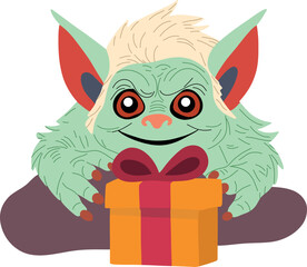 Friendly Icelandic troll peeking from behind a rock while holding present