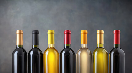 Bright and colorful display of different wine bottles arranged in row, showcasing various colors and styles