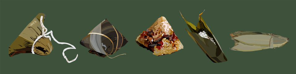 Chinese Dragon Boat Festival, Zongzi, glutinous rice wrapped in bamboo leaves, Asian Food Set illustration vector