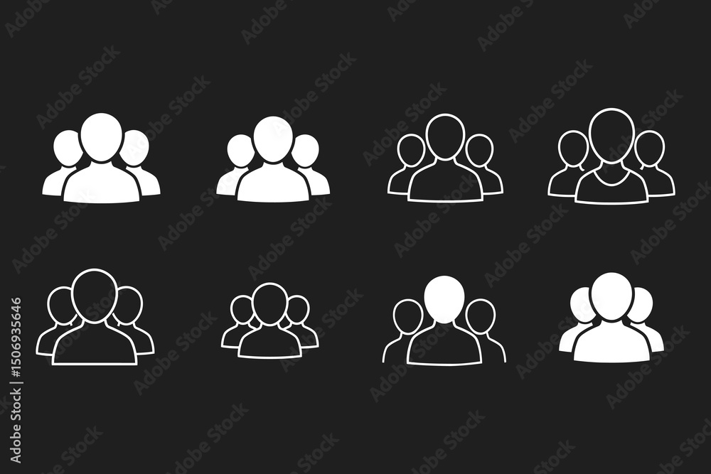 Poster set of white people group icons on dark background. collection of team, user, and community symbols 