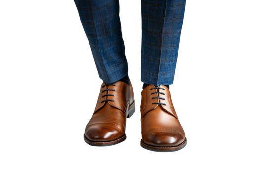 Brown leather dress shoes with laces on blue checkered suit trousers, isolated on a transparent background