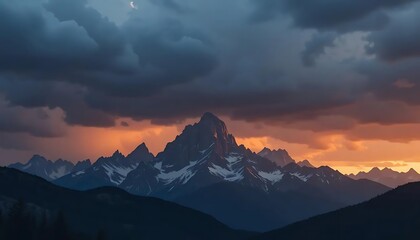 Fototapeta premium Snowy Mountain Peaks at Sunset with Dramatic Cloudscape